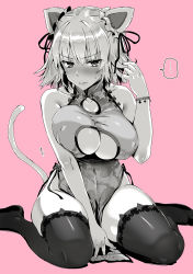 Rule 34 | 1girl, animal ears, bare shoulders, black thighhighs, blush, breasts, cat ears, cat tail, china dress, chinese clothes, cleavage, cleavage cutout, clothing cutout, covered erect nipples, dress, fake animal ears, fate/grand order, fate (series), hair ribbon, highres, jeanne d&#039;arc alter (avenger) (fate), jeanne d&#039;arc alter (fate), kojima saya, large breasts, monochrome, no panties, pelvic curtain, ribbon, seiza, short hair, sitting, tail, thighhighs