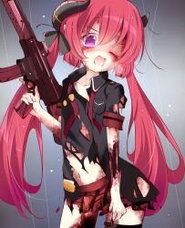 Rule 34 | 1girl, black shirt, blood, blue archive, bone, commentary request, commission, cowboy shot, demon girl, demon horns, gun, guro, highres, holding, holding gun, holding weapon, horns, inasa orange, junko (blue archive), long hair, looking at viewer, one eye closed, open mouth, pink hair, purple eyes, red skirt, shirt, skeb commission, skirt, solo, twintails, very long hair, weapon