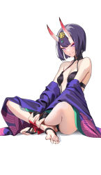 Rule 34 | 1girl, absurdres, ankle ribbon, bare shoulders, barefoot sandals (jewelry), blush, bob cut, breasts, collarbone, eyeliner, fate/grand order, fate (series), grin, headpiece, highres, horns, indian style, japanese clothes, kimono, leg ribbon, long sleeves, looking at viewer, makeup, off shoulder, oni, photo-referenced, purple eyes, purple hair, purple kimono, red ribbon, revealing clothes, ribbon, short hair, shuten douji (fate), sitting, skin-covered horns, small breasts, smile, solo, spider apple, toes, white background, wide sleeves