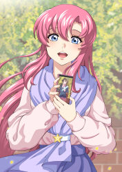 Rule 34 | 1girl, :d, absurdres, blue eyes, cellphone, day, floating hair, gundam, gundam seed, gundam seed destiny, hair between eyes, highres, holding, holding phone, long hair, long sleeves, looking at viewer, meer campbell, open mouth, outdoors, phone, pink hair, pink sweater, purple scarf, purple skirt, scarf, skirt, smartphone, smile, solo, straight hair, sweater, very long hair, yokoshimahama