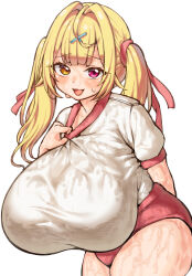 Rule 34 | 1girl, :3, absurdres, blonde hair, breasts, eyelashes, female focus, gigantic breasts, gym uniform, heterochromia, highres, hoshikawa sara, huge breasts, leaning forward, looking at viewer, mimiru6969, nijisanji, open mouth, oppai loli, red eyes, shirt, smile, solo, sweat, thick thighs, thighs, twintails, virtual youtuber, wet, white shirt, yellow eyes
