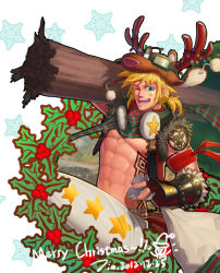 Rule 34 | 1boy, abs, armband, bag, bara, biceps, blonde hair, blue eyes, carrying, carrying over shoulder, christmas, christmas tree, dungeon and fighter, fighter (dungeon and fighter), gauntlets, goggles, hat, headphones, horns, jacket, jin (sirius-j), long hair, looking to the side, male fighter (dungeon and fighter), male focus, manly, mature male, merry christmas, muscular, muscular male, one eye closed, open clothes, open jacket, pants, pectorals, ponytail, shoulder tattoo, smile, solo, spiked hair, stomach tattoo, tattoo, teeth, tongue