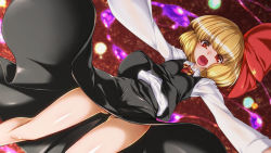 Rule 34 | 1girl, blonde hair, ebido, hair ribbon, highres, open mouth, outstretched arms, red eyes, ribbon, rumia, solo, thighs, touhou