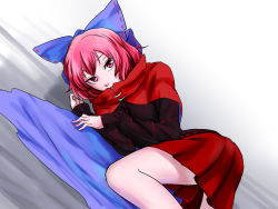 Rule 34 | 1girl, blue bow, blue cape, bow, cape, dutch angle, hair bow, high collar, long sleeves, looking at viewer, lying, on side, pink eyes, red hair, red skirt, sekibanki, skirt, solo, tenamaru, touhou