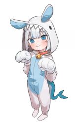Rule 34 | 1girl, absurdres, animal costume, animal ears, animal hands, animal hood, bell, blue eyes, blue hair, blunt bangs, buck teeth, cat paws, fake animal ears, fins, fish tail, full body, gawr gura, gloves, grey hair, highres, hololive, hololive english, hood, jingle bell, looking at viewer, multicolored hair, neck bell, opossumachine, paw gloves, rabbit ears, rabbit hood, shark girl, shark tail, short hair, simple background, smile, socks, solo, streaked hair, tail, teeth, virtual youtuber, white background, white socks