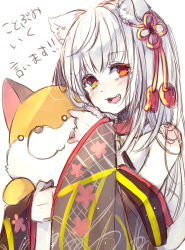 Rule 34 | 1girl, :d, animal ear fluff, animal ears, blush, chita (ketchup), collar, collarbone, fang, floral print, flower knot, fox ears, fox girl, fox tail, hair ornament, highres, long hair, long sleeves, o-ring, open mouth, original, red collar, red eyes, silver hair, simple background, sketch, sleeves past wrists, smile, solo, stuffed animal, stuffed fox, stuffed toy, tail, tail raised, translation request, white background, wide sleeves
