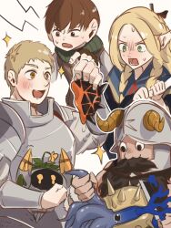 Rule 34 | 1girl, 3boys, animal, arknights, beard, blush, chilchuck tims, crossover, crying, crying with eyes open, dungeon meshi, excited, facial hair, highres, holding, holding animal, kurokuro rakuga, laios touden, marcille donato, metal crab (arknights), multiple boys, originium slug (arknights), peacake (arknights), seaborn (arknights), senshi (dungeon meshi), sweatdrop, tears, tentacles