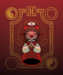 Rule 34 | 1girl, :d, absurdres, ageboucho, ascot, blunt bangs, bow, brown hair, closed eyes, collared shirt, commentary request, cookie (touhou), full body, gradient background, hair bow, hair tubes, hakurei reimu, halo, highres, long hair, open mouth, own hands together, red background, red bow, red shirt, red skirt, shirt, short bangs, sidelocks, skirt, smile, solo, touhou, white sleeves, yamasaka aimi, yellow ascot, yin yang