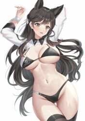 Rule 34 | 1girl, animal ears, arm behind head, atago (azur lane), atago (stunning speedster) (azur lane), azur lane, bikini, black bikini, black hair, breasts, cleavage, commentary, extra ears, highres, large breasts, long hair, official alternate costume, oshage (osyage921), race queen, smile, swimsuit, thighhighs, thighs, translation request, very long hair, yellow eyes