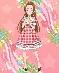 Rule 34 | 1girl, bangs pinned back, black footwear, brown hair, closed eyes, dokidoki! precure, earrings, full body, gingham dress, highres, jewelry, long hair, madoka aguri, official art, precure, precure connection puzzlun, short sleeves, smile, solo, star (symbol), star earrings, third-party source