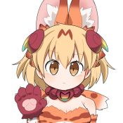 Rule 34 | 1girl, animal ear fluff, animal ears, animal hands, animated, bare shoulders, bead necklace, beads, blood, bouncing breasts, breasts, cleavage, closed mouth, commentary, extra ears, gloves, hair between eyes, hair ornament, jewelry, kemono friends, light smile, looking at viewer, medium breasts, medium hair, necklace, paw gloves, red eyes, serval (kemono friends), shiserval lefty, simple background, solo, strapless, taro (tontaro), ugoira, upper body, video, white background, yellow eyes