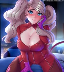 Rule 34 | 1girl, blue eyes, blush, bodysuit, breasts, catsuit, cleavage, cleavage cutout, clothing cutout, covered collarbone, earrings, hair ornament, hairclip, highres, indoors, jacket, jewelry, large breasts, leather, leather jacket, lipstick, long hair, long sleeves, looking at viewer, makeup, persona, persona 5, silver hair, smile, solo, takamaki anne, twintails, twistedscarlett60, watermark, web address, zipper