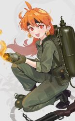 Rule 34 | absurdres, earrings, explosive, fangs, flamethrower, fuel, grenade, grenade launcher, headband, highres, jewelry, lina inverse, military, military uniform, orange hair, polilla, red eyes, simple background, slayers, uniform, weapon