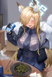 Rule 34 | 1girl, ^ ^, absurdres, animal ear fluff, animal ears, bed, black bra, black jacket, black necktie, blonde hair, blue archive, bra, bra visible through clothes, breasts, can, chopsticks, closed eyes, commentary, drink, drunk, english commentary, food, hair over one eye, halo, highres, holding, holding can, holding drink, indoors, jacket, kanna (blue archive), large breasts, long hair, necktie, open clothes, open jacket, open mouth, pengrani, sharp teeth, shirt, smile, solo, teeth, thighs, underwear, upper teeth only, wet, wet clothes, wet shirt, white shirt