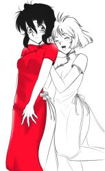 Rule 34 | 1990s (style), 2girls, black hair, blush, bob cut, breasts, china dress, chinese clothes, dress, gunsmith cats, long dress, minnie may hopkins, multiple girls, partially colored, pushing, rally vincent, red dress, short hair, side slit, spot color, tusia, unfinished