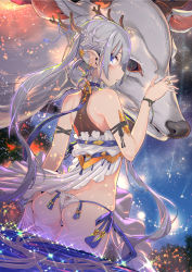 Rule 34 | 1girl, animal, antlers, ass, bare shoulders, blue choker, blue eyes, blush, butt crack, choker, commentary request, deer, dress, earrings, elf, grey hair, hair between eyes, hand on own ass, hand up, horns, jewelry, lace, lace-trimmed choker, lace trim, long hair, looking at viewer, looking back, night, night sky, original, outdoors, panties, parted lips, pointy ears, profile, red eyes, ring, side-tie panties, sky, sleeveless, solo, star (sky), starry sky, tajima ryuushi, twintails, underwear, very long hair, wading, water, white dress, white panties