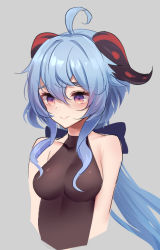 Rule 34 | 1girl, ahoge, bare shoulders, black bow, blue hair, blush, bodysuit, bow, breasts, brown bodysuit, closed mouth, collarbone, covered collarbone, cropped torso, curled horns, ganyu (genshin impact), genshin impact, grey background, hair between eyes, hair bow, horns, looking away, medium breasts, osisio, purple eyes, simple background, smile, solo, upper body