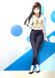 Rule 34 | 10s, 1girl, 2016, against wall, arm behind back, artist name, black hair, blunt bangs, bow, casual, dated, full body, green eyes, hair ornament, hairclip, high heels, highres, kurosawa dia, large bow, long hair, looking to the side, love live!, love live! school idol festival, love live! school idol project, love live! sunshine!!, mole, mole under mouth, no socks, pants, parted lips, pumps, shadow, sleeveless, solo, tachibana roku, thigh gap