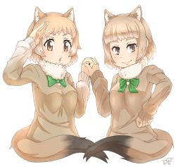 Rule 34 | 10s, 2girls, animal ears, black-tailed prairie dog (kemono friends), blunt bangs, bow, bowtie, brown eyes, brown sweater, closed mouth, commentary request, extra ears, fur collar, green bow, hand on own hip, hand to forehead, hand up, hands up, highres, holding hands, interlocked fingers, kemono friends, light brown hair, long sleeves, looking at viewer, mole, mole under eye, multiple girls, open mouth, short hair, shoulder-to-shoulder, sidelocks, simple background, sweater, tail, thin (suzuneya), upper body, white background