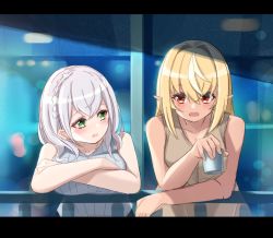 Rule 34 | 2girls, bare arms, bare shoulders, blonde hair, blush, breasts, brown shirt, collarbone, cup, dark-skinned female, dark skin, drinking glass, eye contact, green eyes, grey hair, grey shirt, hair between eyes, holding, holding cup, hololive, hot kakigoori, large breasts, letterboxed, looking at another, multicolored hair, multiple girls, open mouth, ponytail, railing, red eyes, ribbed shirt, shiranui flare, shirogane noel, shirt, sleeveless, sleeveless shirt, streaked hair, upper body, virtual youtuber, white hair
