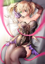 Rule 34 | 1girl, absurdres, armpits, arms behind head, black thighhighs, blonde hair, breasts, breasts apart, collarbone, detached sleeves, eyepatch, fischl (genshin impact), fishnets, frills, from above, genshin impact, green eyes, hair between eyes, highres, kagi (dicedkey), long hair, looking at viewer, lying, medium breasts, on back, on bed, ribbon, solo, sunlight, thighhighs, thighs
