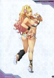 Rule 34 | 1girl, absurdres, adjusting clothes, adjusting swimsuit, ankle lace-up, artbook, ass, asymmetrical legwear, bead bracelet, beads, bikini, blonde hair, body writing, bracelet, breasts, butt crack, cross-laced footwear, eating, floral print, flower, food, full body, gradient hair, gyaru, hair flower, hair ornament, hairband, halterneck, heel up, high heels, highres, holding, holding food, jewelry, large breasts, leg warmers, long hair, looking at viewer, looking back, mismatched legwear, multicolored hair, nail polish, necklace, non-web source, official art, open mouth, phallic symbol, pink hair, popsicle, red eyes, sandals, scan, sexually suggestive, shatte judevesten, shoe soles, side-tie bikini bottom, solo, super robot wars, super robot wars x-omega, swimsuit, tattoo, transparent background, twisted torso, very long hair, watanabe wataru (character designer), wedgie, wide hips, wrist cuffs