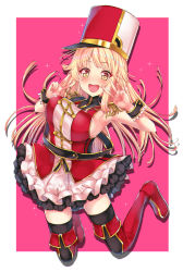 Rule 34 | 1girl, absurdres, armpits, bang dream!, black thighhighs, blonde hair, boots, double v, hello happy world!, highres, kamita, long hair, pink background, red eyes, solo, sparkle, thigh boots, thighhighs, thighhighs under boots, tsurumaki kokoro, v