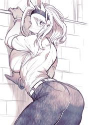 Rule 34 | 1girl, ass, boku no hero academia, breast press, breasts, curvy, denim, from behind, furry, furry female, gloves, headband, highres, huge ass, ippan josei, jeans, large breasts, looking back, pants, shirt tucked in, short hair, solo, takatsuki ichi, tight clothes, tight pants