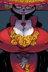 Rule 34 | 1girl, between breasts, black hair, breasts, cleavage, cloud man, death (entity), dress, flower, gigantic breasts, grey background, hat, highres, la muerte, lipstick, long hair, looking at viewer, makeup, mole, mole under eye, red lips, rose, simple background, skull, solo, sombrero, the book of life, v arms, very long hair
