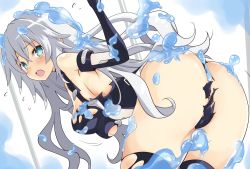 Rule 34 | 1girl, aqua eyes, ass, ass focus, bare shoulders, black heart (neptunia), blush, bodysuit, breasts, cleavage, elbow gloves, embarrassed, from behind, gloves, huge ass, iwashi dorobou -r-, leaning, leaning forward, leotard, long hair, looking at viewer, neptune (series), noire (neptunia), open mouth, shiny skin, sideboob, silver hair, slime, solo, symbol-shaped pupils, thighhighs, torn bodysuit, torn clothes, torn thighhighs, very long hair