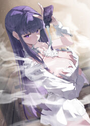 Rule 34 | 1girl, absurdres, arm under breasts, blush, bottle, breasts, cleavage, dissolving, dissolving clothes, dress, fern (sousou no frieren), half updo, highres, holding, holding bottle, huge breasts, long hair, looking at viewer, looking to the side, movik, potion, pouring, purple eyes, purple hair, sidelocks, solo, sousou no frieren, steam, very long hair, white dress