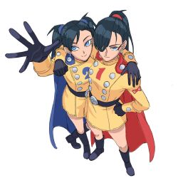 Rule 34 | 2girls, arm around shoulder, belt, black gloves, blue cape, blue eyes, cape, commentary, dragon ball, dragon ball super, dragon ball super super hero, earrings, english commentary, from above, full body, gamma 1, gamma 2, genderswap, genderswap (mtf), gloves, hair over one eye, hand on own hip, highres, humanization, jenxd d, jewelry, long hair, looking up, multiple girls, outstretched hand, ponytail, red cape, simple background, skirt, smile, twintails, white background