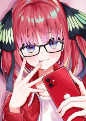 Rule 34 | 1girl, absurdres, alternate costume, apple inc., apple print, blue eyes, blunt bangs, blush, breasts, cellphone, collarbone, commentary request, glasses, go-toubun no hanayome, hair ornament, hair ribbon, highres, himecoe, jacket, long hair, looking at viewer, nakano nino, phone, pink hair, red hair, red jacket, ribbon, shirt, smartphone, solo, tongue, tongue out, twintails, white shirt
