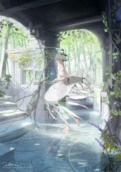 Rule 34 | 1girl, artist name, barefoot, dress, earrings, flower, green eyes, hair between eyes, hair ornament, highres, illumi999, jewelry, leaf, looking at viewer, open mouth, original, plant, reflection, ruins, short hair, short sleeves, signature, solo, standing, temple, tree, water, white dress, white hair