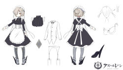 Rule 34 | 1girl, absurdres, anchor, apron, arm at side, azur lane, black dress, boots, braid, brown hair, bustier, chain, character sheet, closed mouth, collar, concept art, copyright name, corset, cross, dress, dress shirt, french braid, frilled dress, frills, from behind, garter belt, garter straps, hair over one eye, hair ribbon, high heel boots, high heels, highres, inverted cross, jitome, juliet sleeves, laurels, long sleeves, maid, maid apron, maid headdress, maya g, armored boots, metal collar, official art, outstretched arm, poleyn, puffy sleeves, ribbon, sabaton, sheffield (azur lane), shirt, simple background, solo, thighhighs, white background, white ribbon, white thighhighs, wrist cuffs, yellow eyes