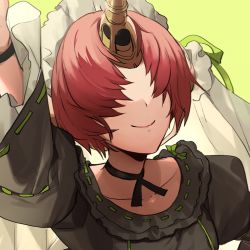 Rule 34 | 1girl, black dress, close-up, closed mouth, covered eyes, dress, facing viewer, fate/apocrypha, fate/grand order, fate (series), frankenstein&#039;s monster (fate), frilled dress, frills, from above, hair over eyes, hand on own hip, horns, neck ribbon, no-kan, pink hair, pointing, pointing up, ribbon, shadow, short hair, single horn, smile, solo, sunlight