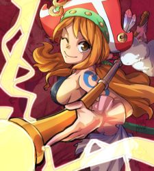 Rule 34 | 1girl, breasts, electricity, gloves, harukamiart, hat, highres, large breasts, long hair, nami (one piece), one eye closed, one piece, one piece film: red, orange eyes, orange hair, pirate, pirate hat, skirt, smile, solo, staff, tattoo, twintails, white gloves