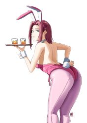 Rule 34 | 1girl, animal ears, ass, automatic giraffe, backless leotard, bare shoulders, blue eyes, bow, bowtie, breasts, code geass, commentary, cup, detached collar, drinking glass, english commentary, fake animal ears, fake tail, from behind, highleg, highleg leotard, highres, holding, holding tray, kouzuki kallen, leaning forward, leotard, looking at viewer, medium breasts, official alternate costume, pantyhose, pink leotard, pink pantyhose, playboy bunny, rabbit ears, rabbit tail, red hair, short hair, solo, standing, strapless, strapless leotard, tail, traditional bowtie, tray, white background, wrist cuffs
