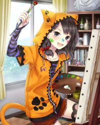 Rule 34 | 1girl, :d, absurdres, animal ears, animal hood, arm up, bookshelf, brown eyes, brown hair, canvas (object), cat ears, cat tail, collarbone, day, fake animal ears, fang, hair ribbon, highres, holding, holding brush, hood, hooded jacket, indoors, jacket, long hair, looking at viewer, open mouth, orange jacket, paint splatter, paint splatter on face, partially unzipped, paw print, red ribbon, red shorts, ribbon, school fanfare, shirt, short shorts, short sleeves, shorts, smile, solo, striped clothes, striped shirt, tail, thighhighs, window