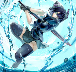 Rule 34 | 1girl, bad id, bad pixiv id, black hair, eyepatch, full body, gloves, green eyes, headgear, highres, kantai collection, looking at viewer, miniskirt, no panties, partially fingerless gloves, short hair, skirt, sleeves rolled up, solo, sword, tenryuu (kancolle), thighhighs, tuskryo, water, weapon