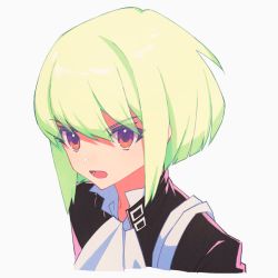 Rule 34 | 1boy, ascot, earrings, face, frilled shirt collar, frills, green hair, jewelry, lio fotia, looking at viewer, looking up, male focus, open mouth, promare, purple eyes, shirt, short hair, solo, zumi tiri