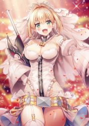 Rule 34 | 1girl, :d, aestus estus, ahoge, asymmetrical legwear, bad id, bad pixiv id, blonde hair, blurry, blurry background, blush, breasts, chain, cleavage, commentary request, depth of field, detached sleeves, fang, fate/extra, fate/extra ccc, fate (series), garter straps, gloves, green eyes, hair between eyes, hair intakes, hand on own hip, highleg, highleg leotard, highres, ichigo seika, juliet sleeves, large breasts, leotard, lock, long sleeves, nero claudius (bride) (fate), nero claudius (bride) (second ascension) (fate), nero claudius (fate), nero claudius (fate) (all), open mouth, padlock, petals, puffy sleeves, sidelocks, single thighhigh, sleeves past wrists, smile, solo, sparkle, thighhighs, uneven legwear, veil, white footwear, white gloves, white leotard, white sleeves, white thighhighs, wide sleeves