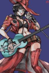 Rule 34 | 1girl, arc system works, bespectacled, between breasts, black gloves, black hair, blue eyes, bob cut, boots, breasts, cleavage, cropped jacket, electric guitar, fingerless gloves, glasses, gloves, green-tinted eyewear, green-tinted glasses, grin, guilty gear, guilty gear strive, guitar, hat, holding, holding instrument, i-no, instrument, jacket, juaag acgy, long skirt, looking at viewer, looking over eyewear, looking over glasses, medium breasts, microphone, microphone stand, mole, mole above mouth, navel, partially unbuttoned, purple background, red eyes, red footwear, red hat, red jacket, red shorts, red skirt, rimless eyewear, short hair, short shorts, shorts, showgirl skirt, skirt, smile, solo, strap between breasts, sunglasses, swimsuit, thigh boots, thighhighs, tinted eyewear, witch hat
