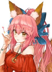 Rule 34 | 10s, 1girl, alternate costume, alternate hairstyle, animal ear fluff, animal ears, bad id, bad pixiv id, bare shoulders, blue ribbon, breasts, casual, fate/extra, fate/grand order, fate (series), fox ears, fox shadow puppet, fox tail, hair ribbon, handjob gesture, highres, jewelry, large breasts, long hair, looking at viewer, pendant, pink hair, ponytail, ribbon, simple background, solo, tail, tamamo (fate), tamamo no mae (fate/extra), utayoi (umakatare), white background, yellow eyes