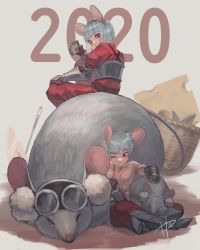 Rule 34 | 1boy, 1girl, 2020, animal, animal ears, armor, basket, breastplate, cheese, chinese zodiac, closed mouth, eating, eyes visible through hair, food, gauntlets, goggles, goggles on head, greaves, grey hair, highres, holding, holding food, looking at another, makitoshi0316, mouse (animal), mouse ears, muscular, one eye closed, original, oversized animal, red eyes, seed, short hair, sitting, sitting on animal, sleeping, smile, topless male, vambraces, year of the rat