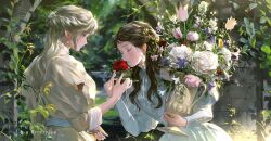 Rule 34 | 2girls, artist name, blue eyes, blurry, blush, brown dress, bug, butterfly, closed eyes, closed mouth, commentary, day, depth of field, dress, earrings, english commentary, flower, half updo, highres, holding, holding flower, holding vase, insect, jewelry, juliet sleeves, long hair, long sleeves, multiple girls, original, outdoors, puffy sleeves, red flower, red rose, rose, rrr (reason), smelling flower, sunlight, upper body, white dress, yuri