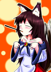 Rule 34 | 1girl, animal ears, blush, breasts, brooch, brown hair, collarbone, dress, closed eyes, food, food in mouth, imaizumi kagerou, jewelry, long hair, long sleeves, pocky, pocky day, solo, tail, tail wagging, tetsuhige, touhou, wolf ears, wolf tail