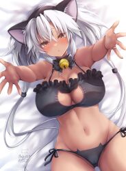Rule 34 | 1girl, absurdres, animal ears, bed sheet, bell, black bow, black bowtie, black bra, black panties, bow, bowtie, bra, breasts, brown eyes, cat cutout, cat ear panties, cat ears, cat lingerie, cleavage, cleavage cutout, clothing cutout, dark-skinned female, dark skin, dated, fake animal ears, frilled bra, frills, from above, grey hair, hair between eyes, half-closed eyes, highres, kantai collection, large breasts, long bangs, long hair, looking at viewer, lying, mashiro yukiya, meme attire, musashi (kancolle), navel, neck bell, on back, open mouth, outstretched arms, panties, side-tie panties, signature, solo, twintails, underwear
