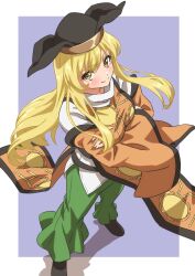 Rule 34 | 1girl, black footwear, black hat, blonde hair, blush, closed mouth, constellation print, crossed arms, from above, full body, green pants, gyouza (mhea5724), hat, highres, long hair, long sleeves, looking at viewer, matara okina, pants, shoes, sidelocks, smile, solo, standing, tabard, touhou, wide sleeves, yellow eyes