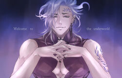 Rule 34 | 1boy, bare shoulders, black nails, chinenkun, earrings, english text, forehead tattoo, gradient background, hades (shuumatsu no valkyrie), hair between eyes, highres, jewelry, leaf tattoo, looking at viewer, male focus, medium hair, neck tattoo, own hands together, pectoral cleavage, pectorals, pointy ears, purple background, purple eyes, shirt, shoulder tattoo, shuumatsu no valkyrie, single earring, sleeveless, sleeveless shirt, smirk, solo, tattoo, upper body, white hair